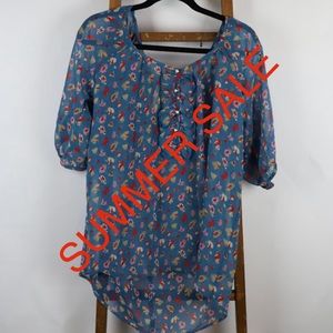 Blue Sheer 3/4 Sleeve Top w/ Flowers
